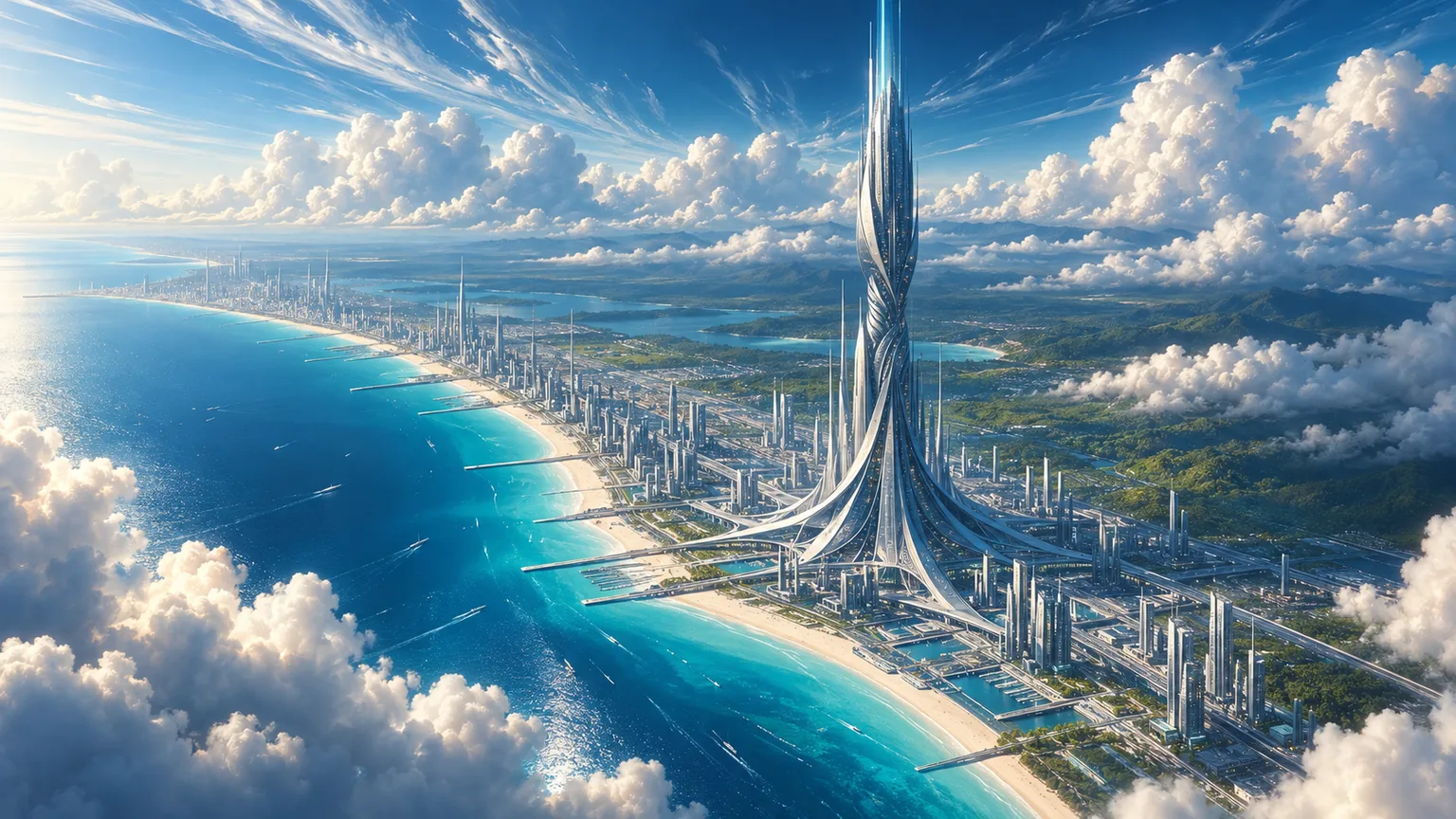 A silver spire rising from a white city along a turquoise coast, seen from above the clouds, the shore curving away into the distance