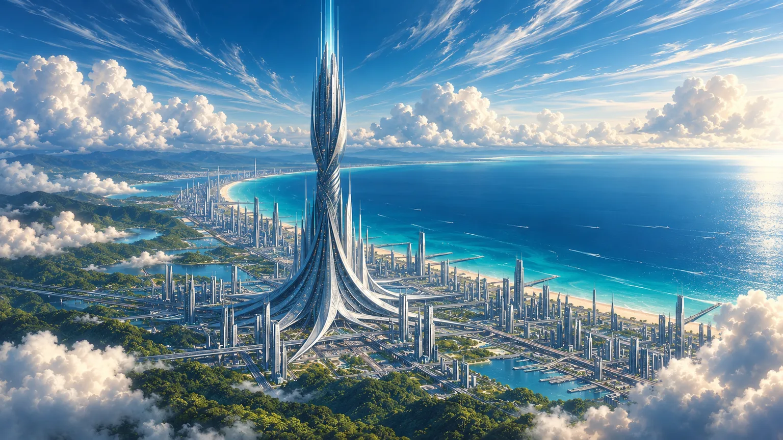 The spire seen from above the forested hills inland, the city and its harbour basins spread out between the trees and the open sea