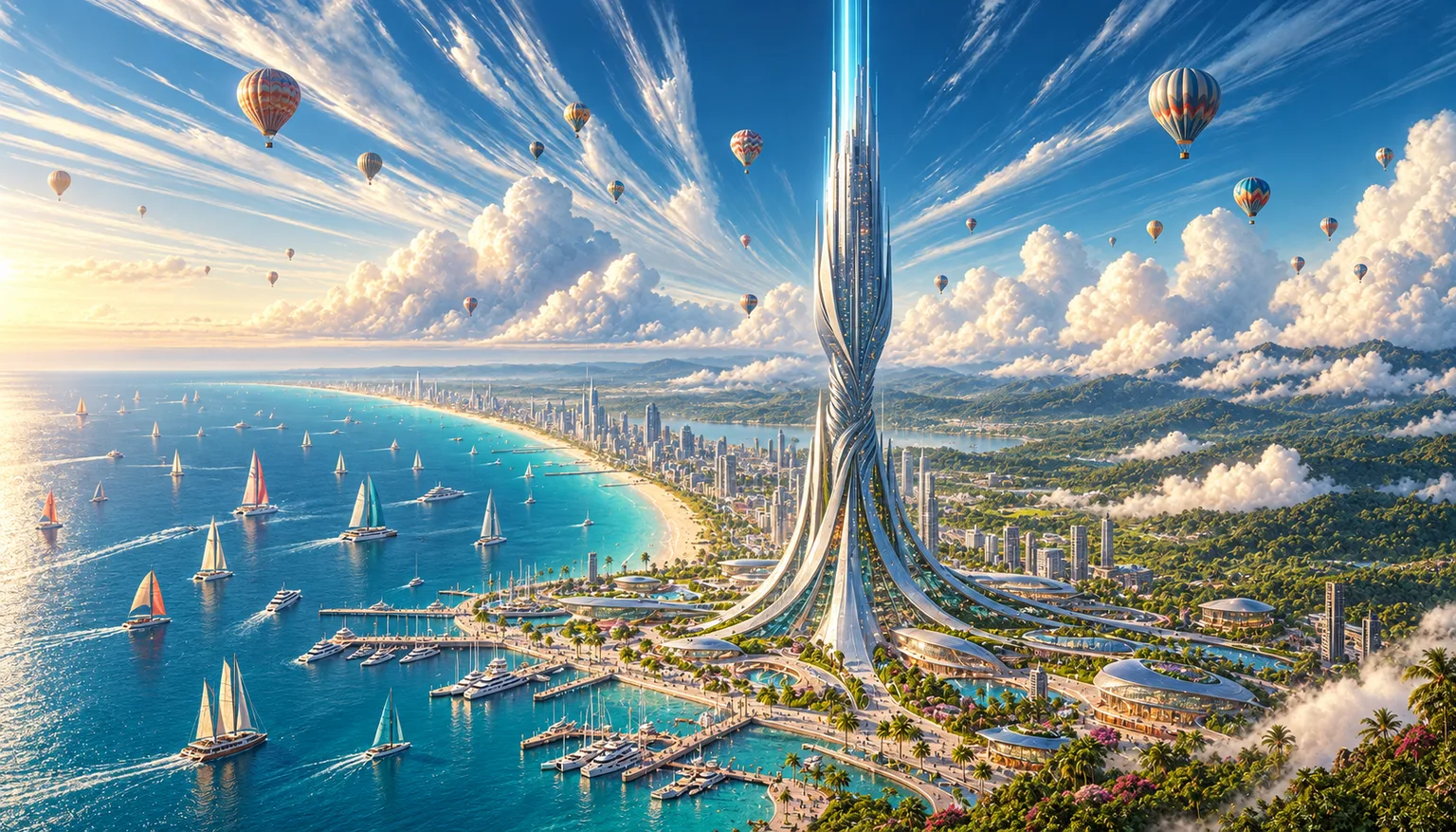 Hot-air balloons drifting around the spire above a marina, sailing boats crossing the bay and gardens along the shore