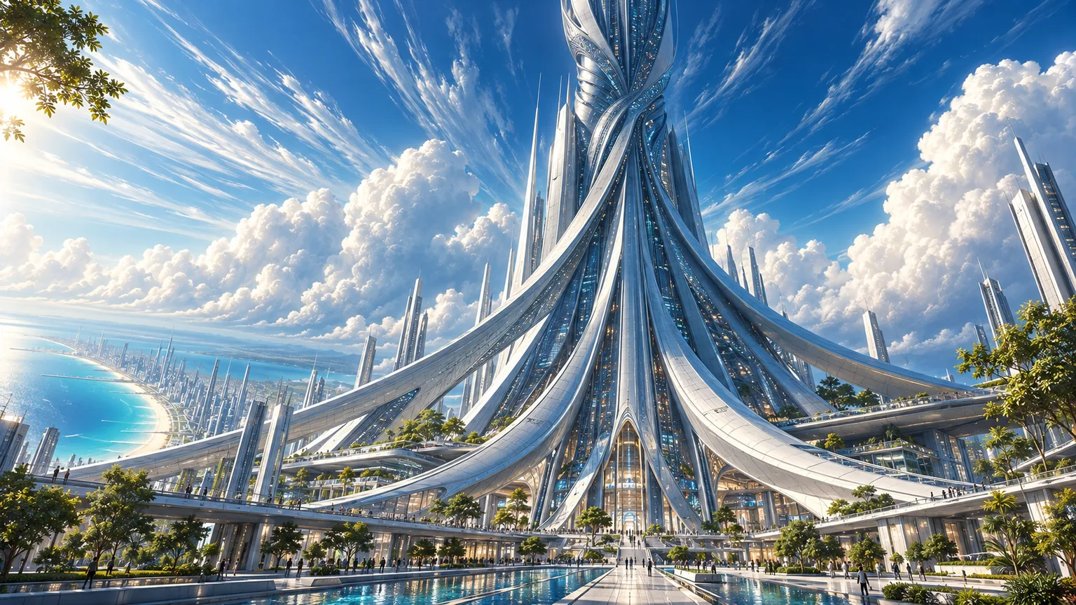 The foot of the spire seen from a plaza lined with pools and trees, its curved ribs sweeping down to the ground
