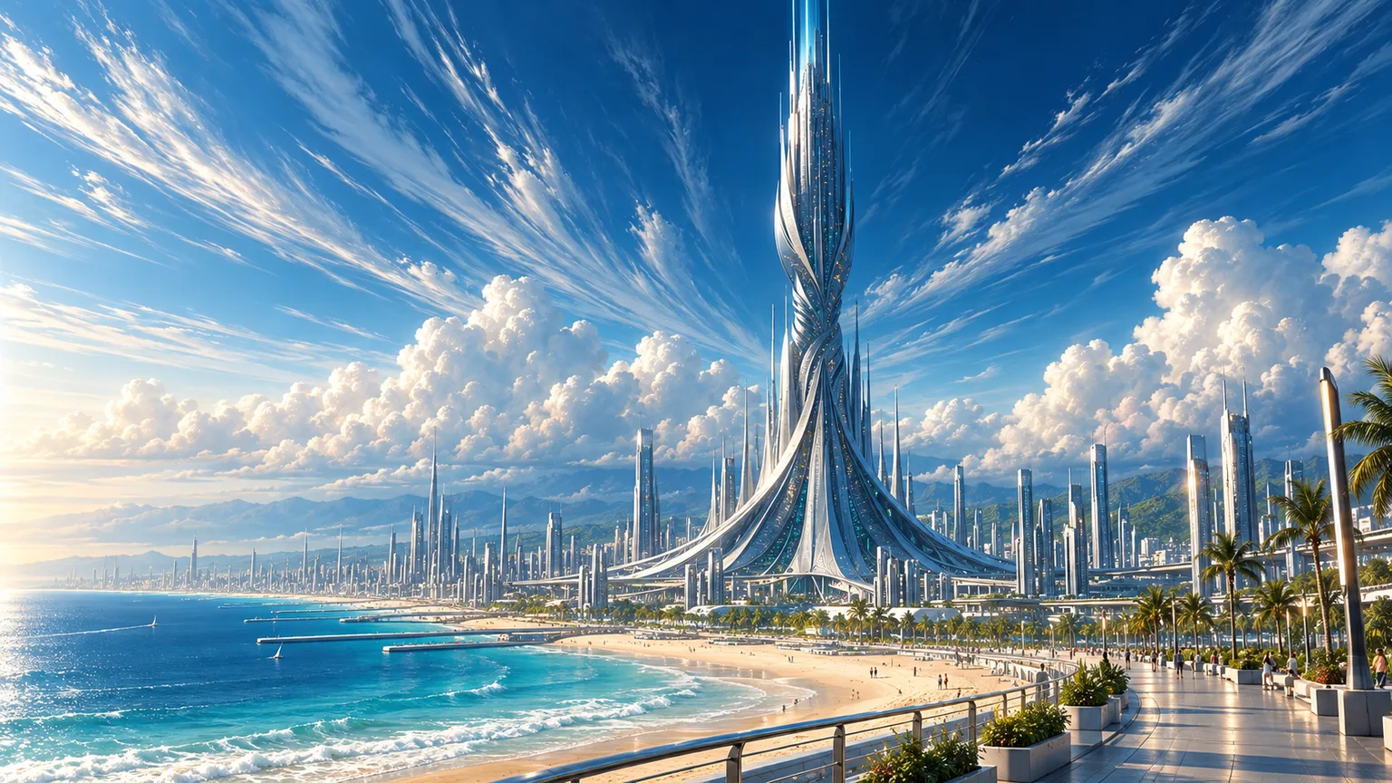 The twisting silver spire above the city, seen from a palm-lined promenade beside a beach and a blue bay