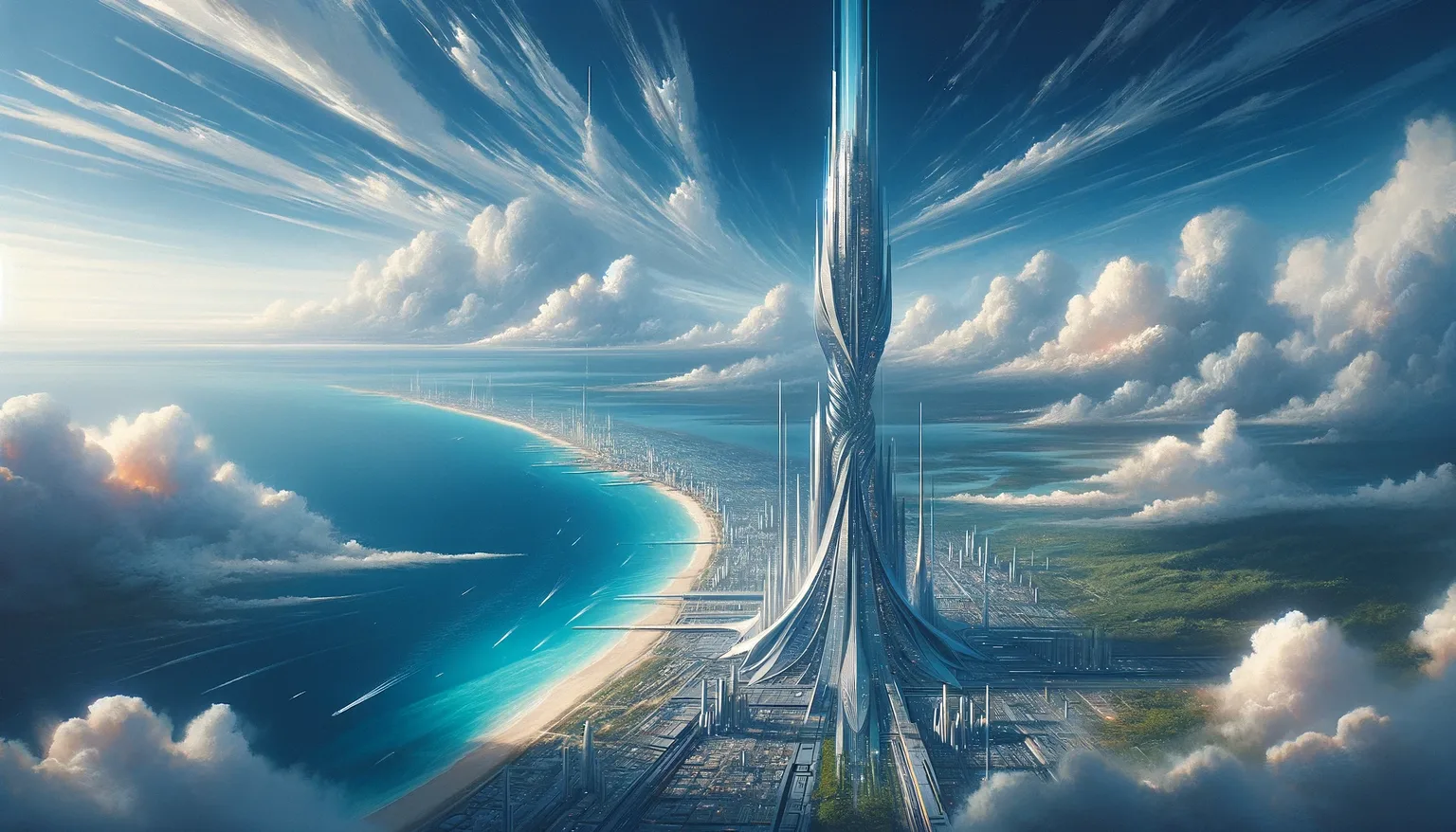 A painting of the spire above a city on a long curving beach, clouds drifting past it
