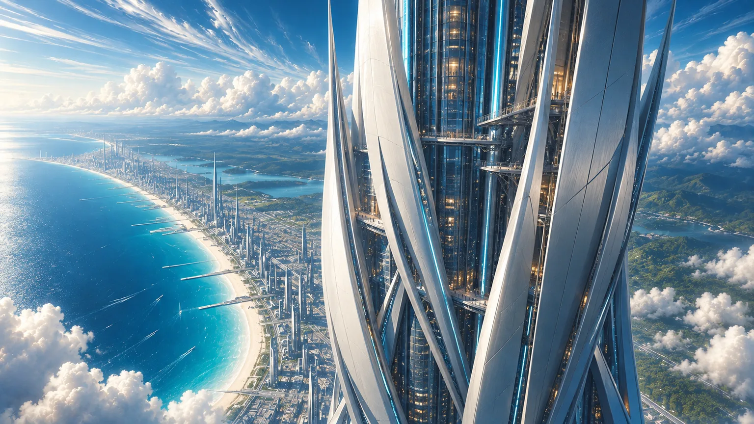 A close view of the tower’s twisting silver ribs around a lit glass core, the coast and the city far below