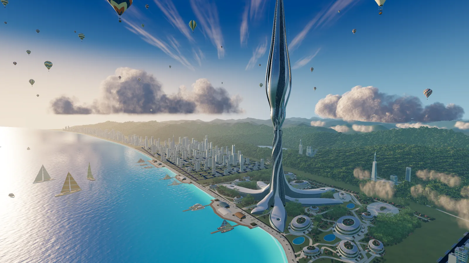 A slender silver spire above a coastal city, a turquoise bay with sailing boats beside it and hot-air balloons in the sky